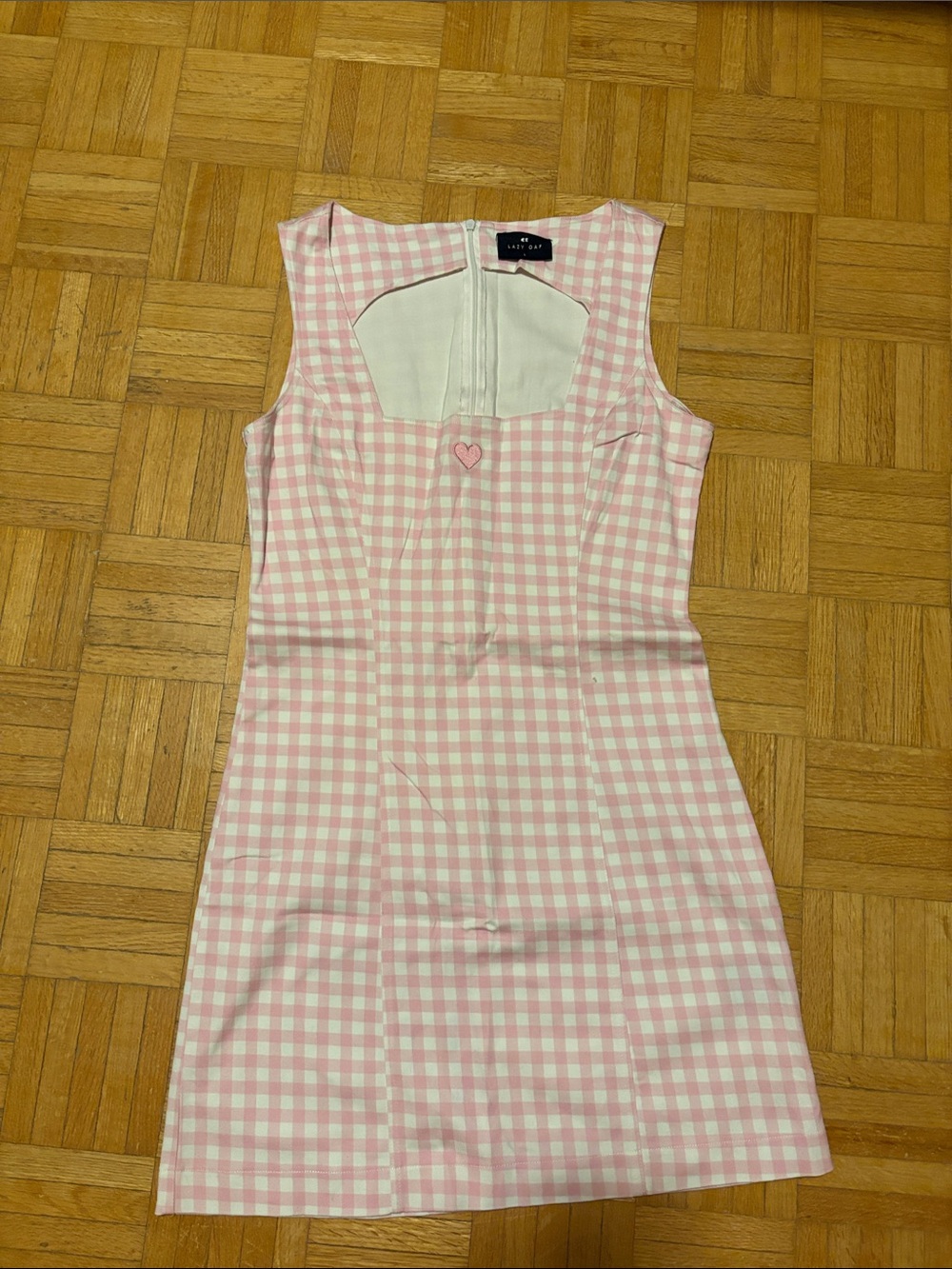 Lazy OAF Pink and White Gingham Sleeveless Shift Dress with Heart Accent
